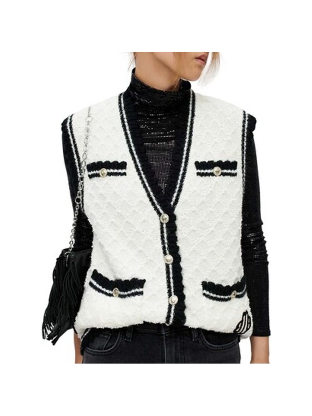Maje Mirta Knit Vest White Black Mohair Wool Blend Sleeveless Cardigan 2 (6-8)